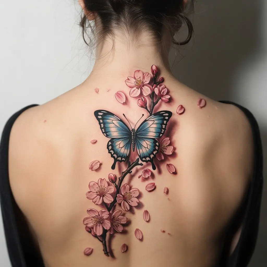 Butterfly and Cherry Blossom Tattoo on Back – Butterfly tattoos for women with cherry blossom flowers on the back, soft pastel tones and realistic petals.

