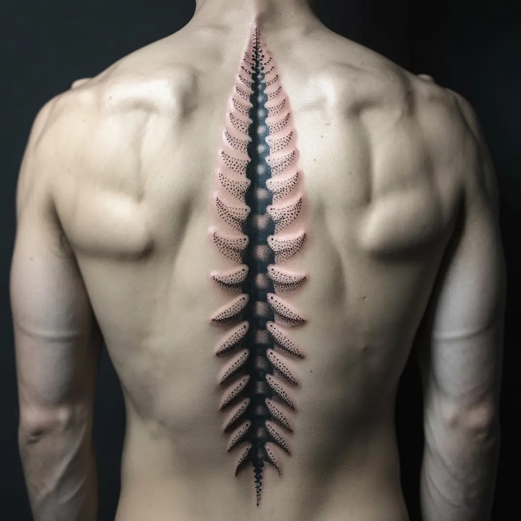 Dotwork fade spine tattoo for women featuring dense to light dot gradient flowing downward on the back.

