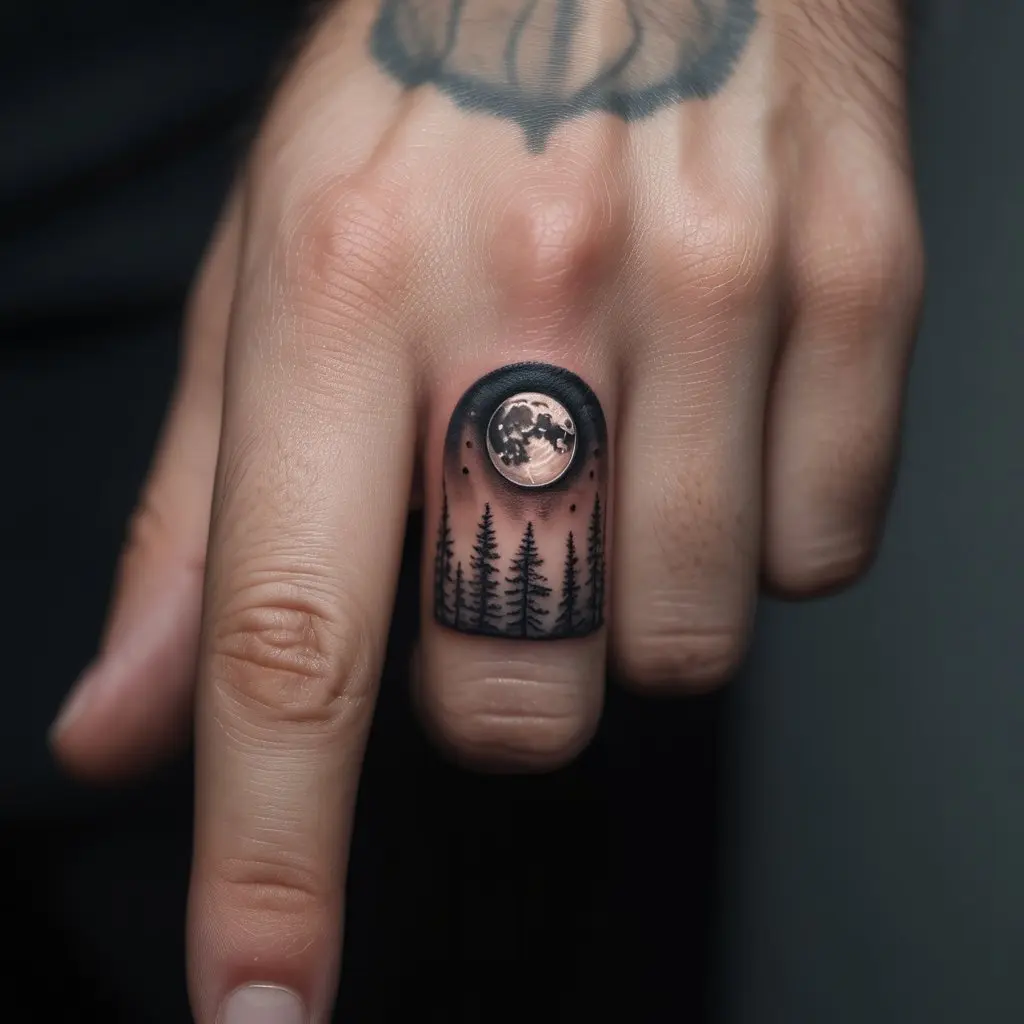 Forest and Full Moon Finger Tattoo – Nature scene with forest and moon tattooed on a man’s finger, artistic finger tattoos for men.

