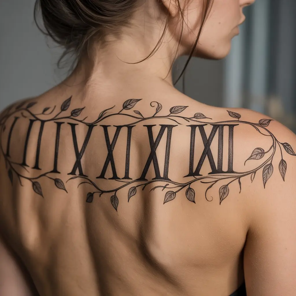 13. Intertwined Roman Numerals With Vines
Alt Text:
Roman numerals entwined with botanical vines on a woman’s shoulder blade, combining nature and memory — a poetic take on floral Roman numeral tattoos.


