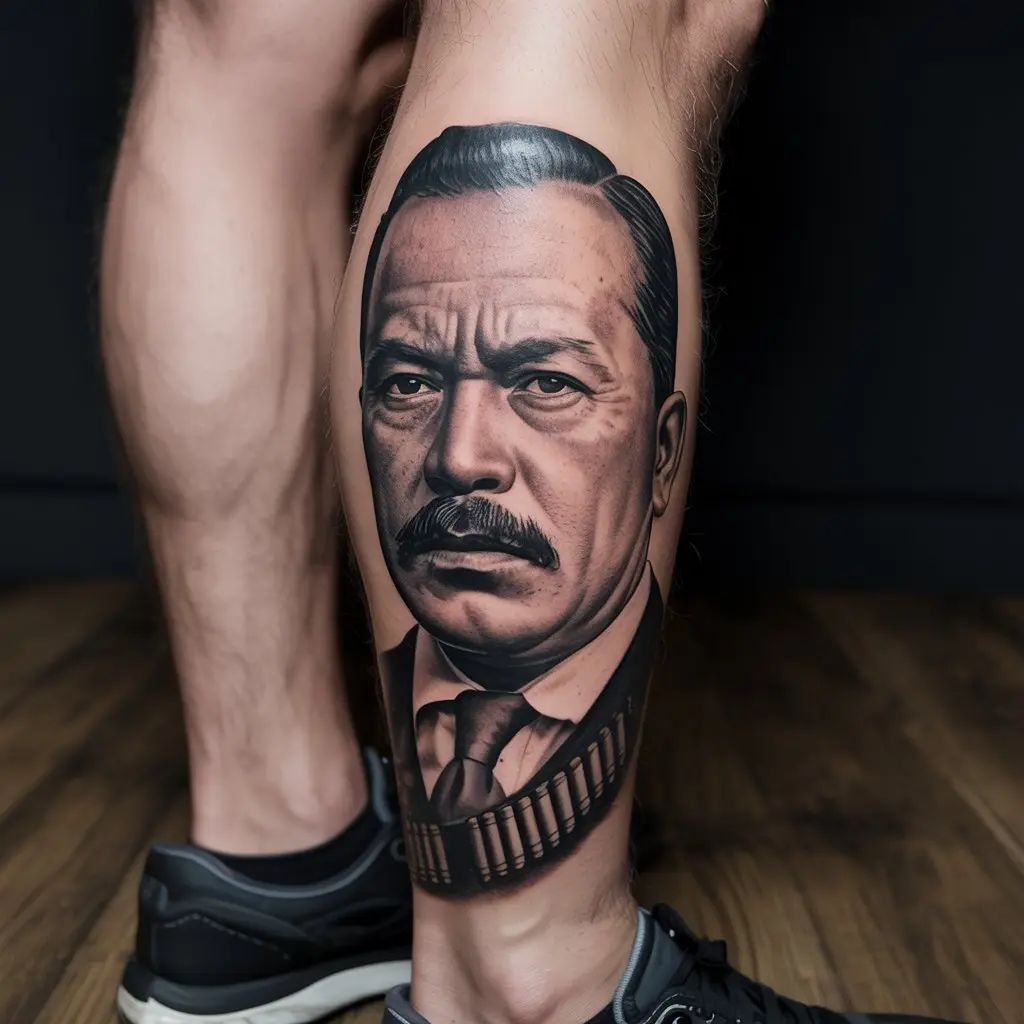 Black and grey Pancho Villa leg tattoo with classic revolutionary look — bold Mexican tattoo tribute to historical figures.