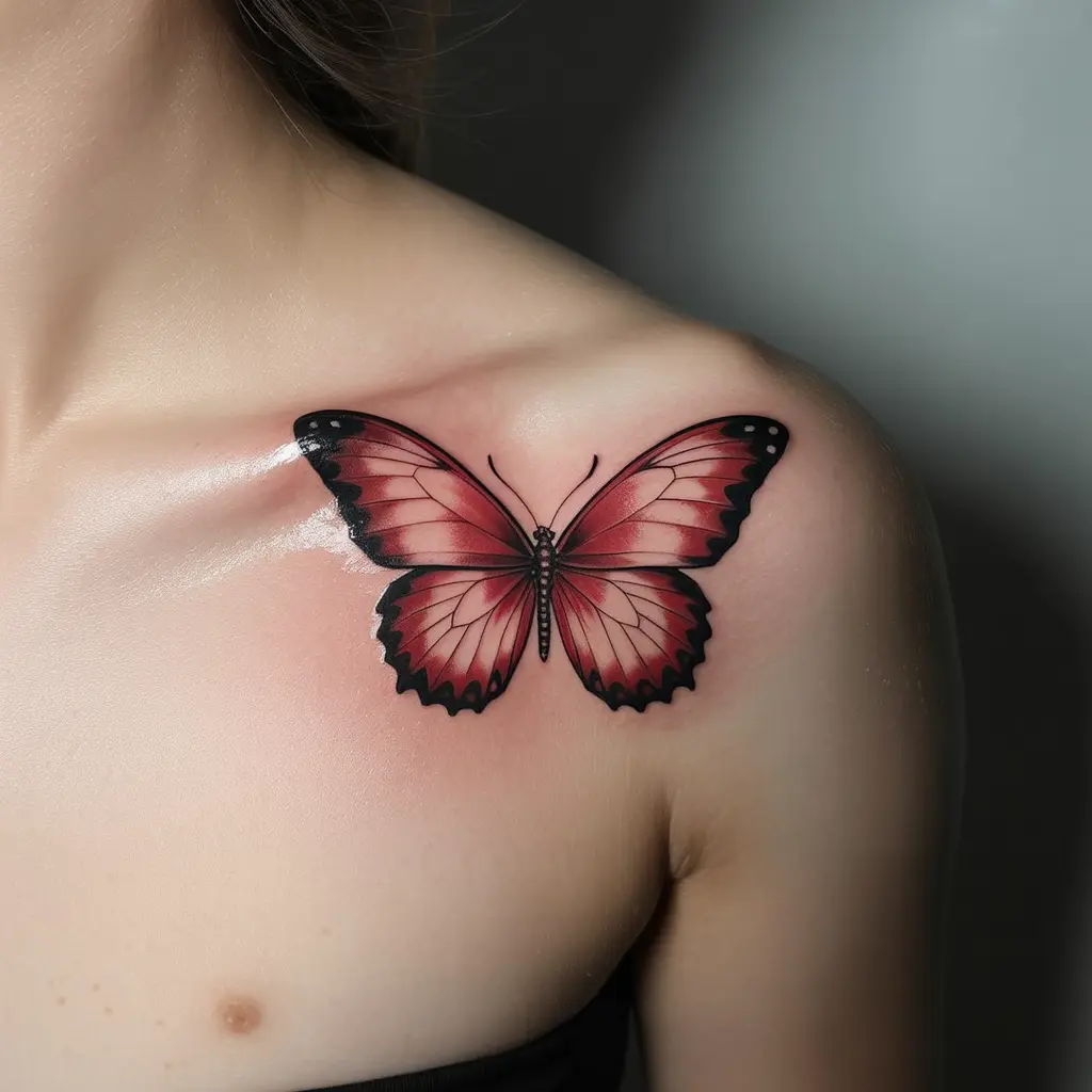Red ink butterfly tattoo with detailed wing patterns on shoulder – finely shaded red butterfly tattoo idea.

