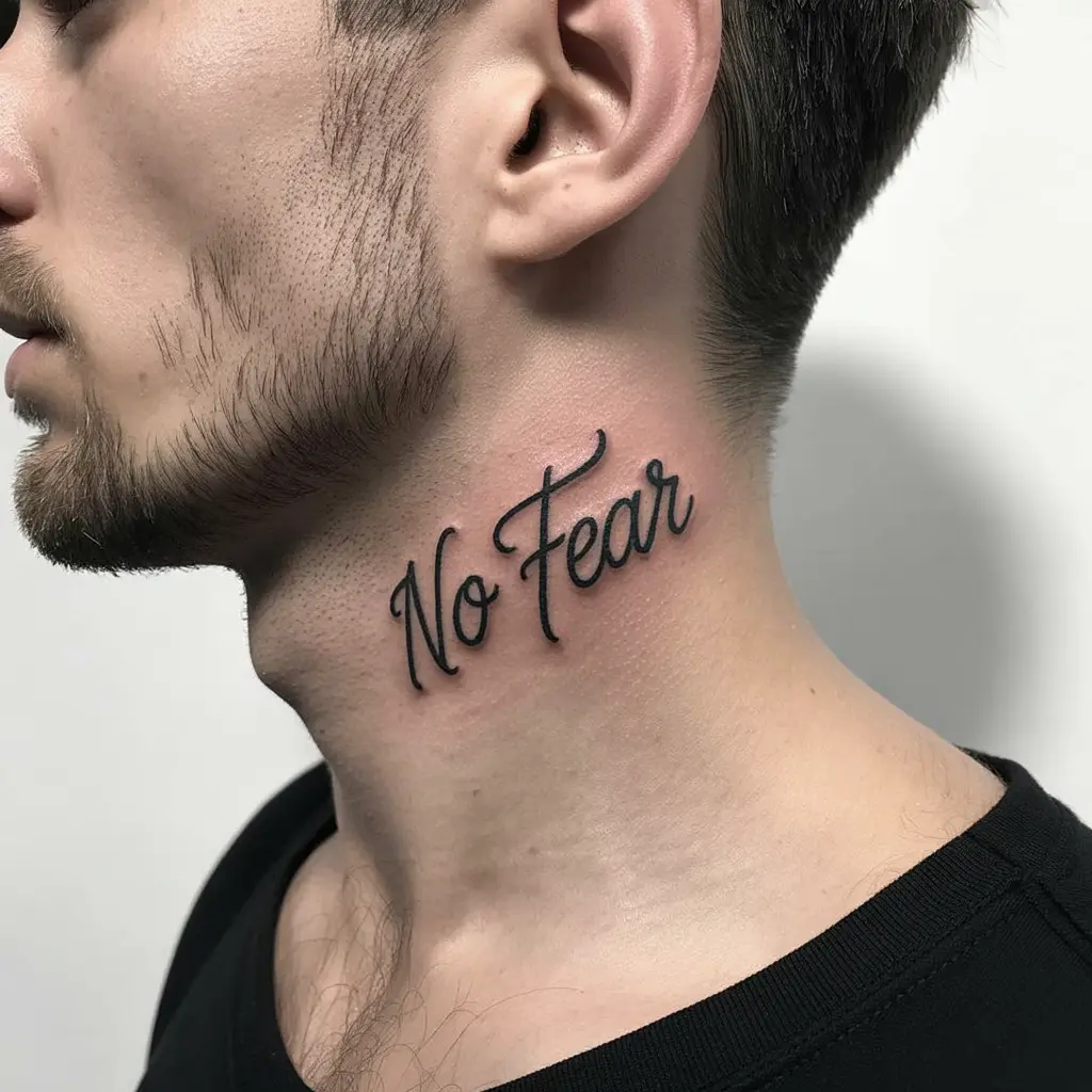 Script and Quotes Neck Tattoo
Quote neck tattoo for men reading ‘No Fear’ along the side of the neck, bold script in black ink for a powerful and motivational message.