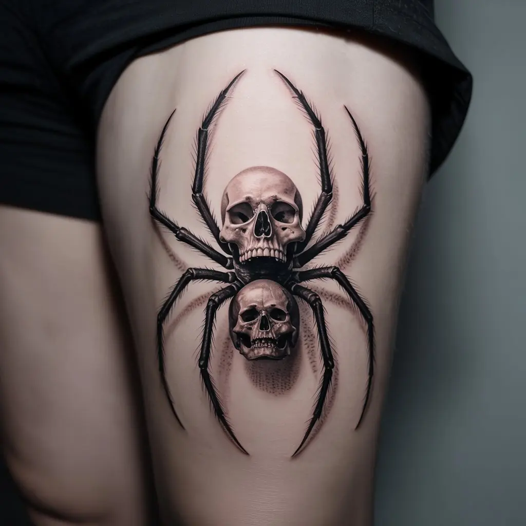 Dark spider skull tattoo design on a woman’s thigh, gothic-inspired Spider Tattoo Design with skull and spider fusion.