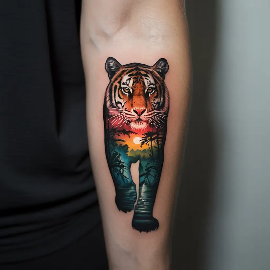 Silhouette tiger tattoo design filled with a realistic sunset jungle scene, placed on the forearm for a minimalist yet detailed look.