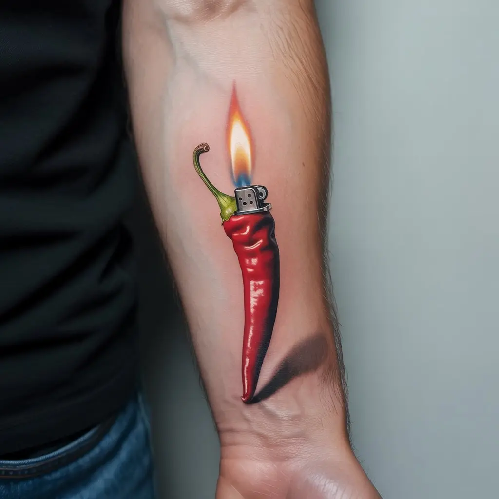 Small tattoos for men – red chili pepper turning into lighter flame tattoo, inner wrist, spicy and bold design

