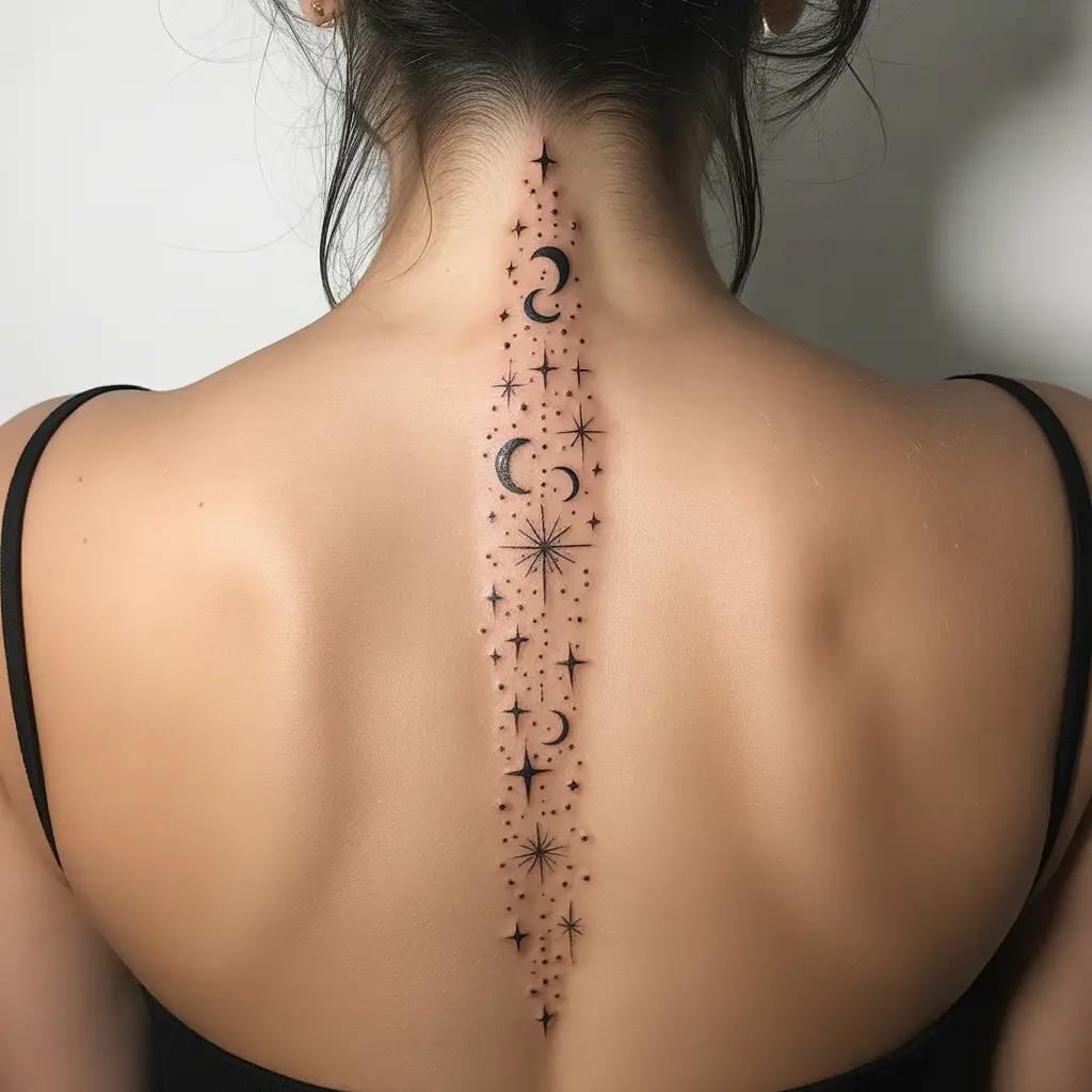 Celestial sprinkle spine tattoo for women with scattered stars, moons, and sparkles along the spine.

