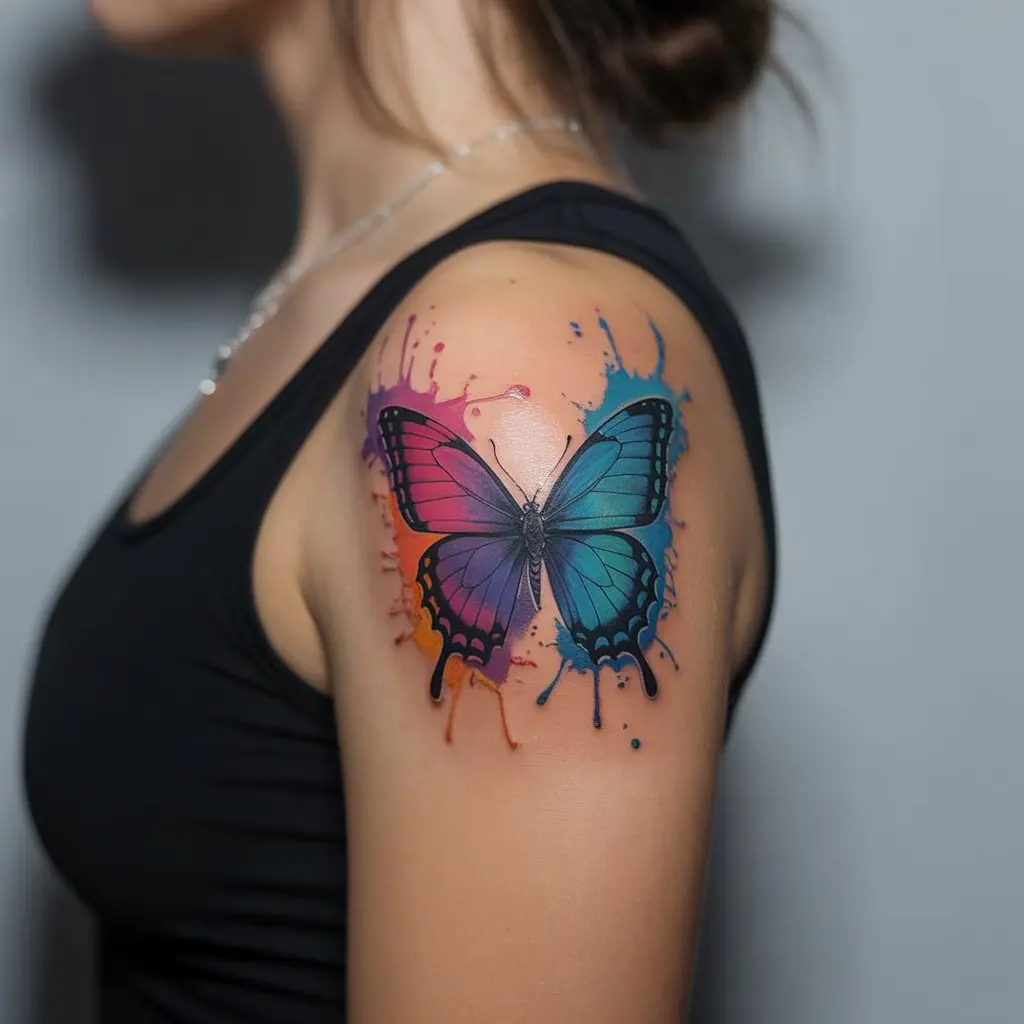 Color Splash Butterfly Tattoo on Shoulder Blade – Color splash butterfly tattoos for women on the shoulder blade, artistic ink blending with vibrant hues.

