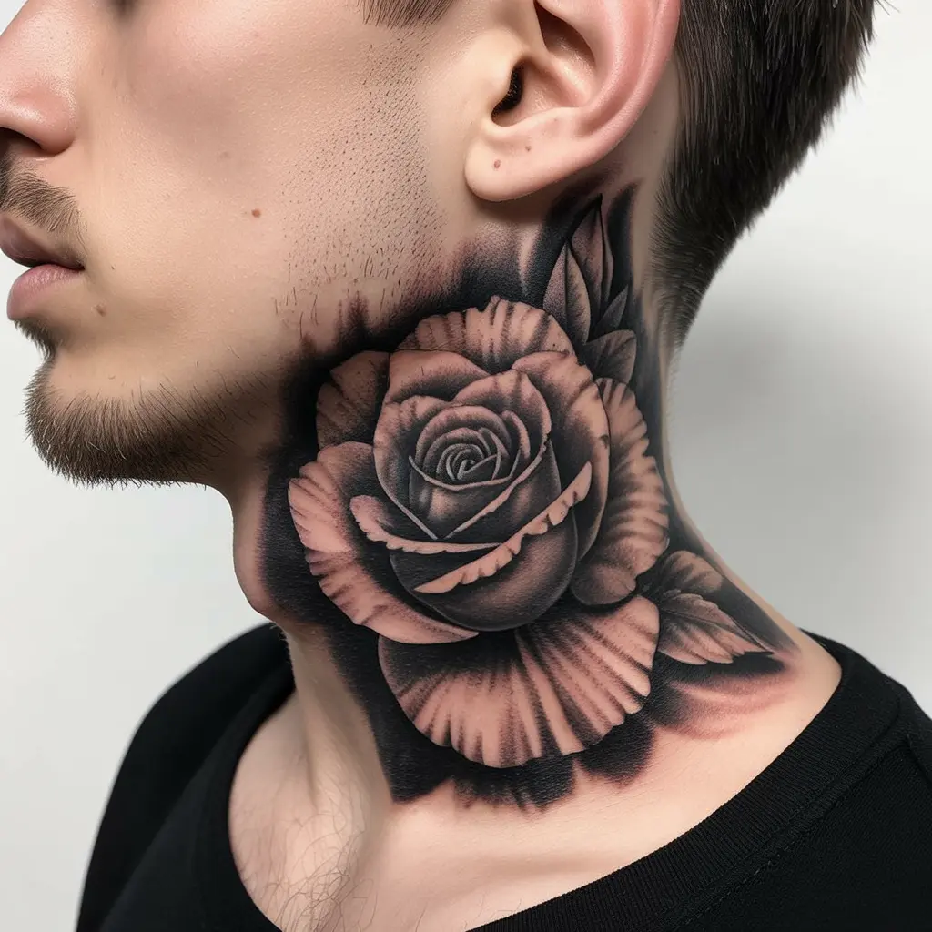 Floral Neck Tattoo
Black and grey floral neck tattoo for men, featuring detailed rose design on the side of the neck — a bold yet artistic body art choice.