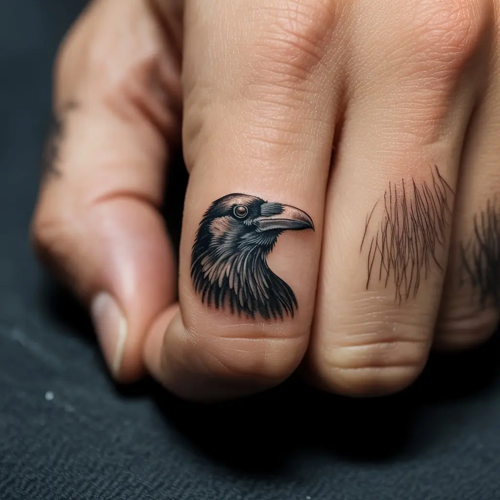 Raven Finger Tattoo – Detailed raven design on a man’s finger, dark and mysterious finger tattoos for men.

