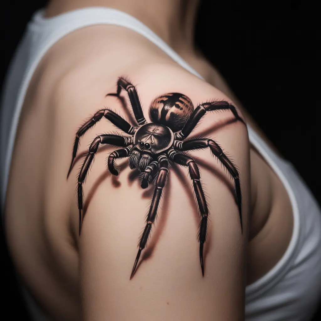 Hyper-realistic spider tattoo design crawling on a woman’s shoulder, detailed and lifelike spider tattoo with shadowing.