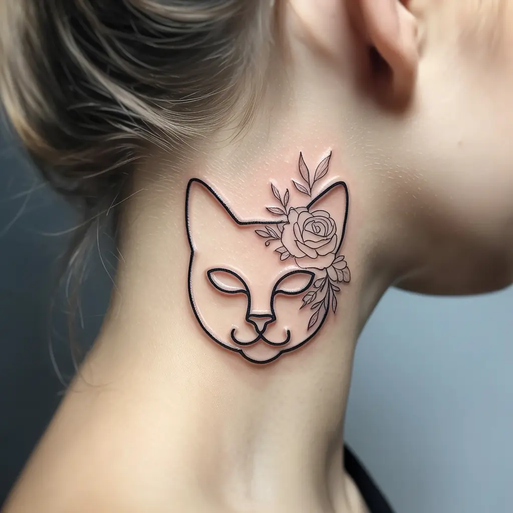 Simple Outline of a Cat’s Face With Floral Accents Minimalist tattoo with a simple cat face outline and delicate floral accents, perfect for subtle and elegant cat tattoos.