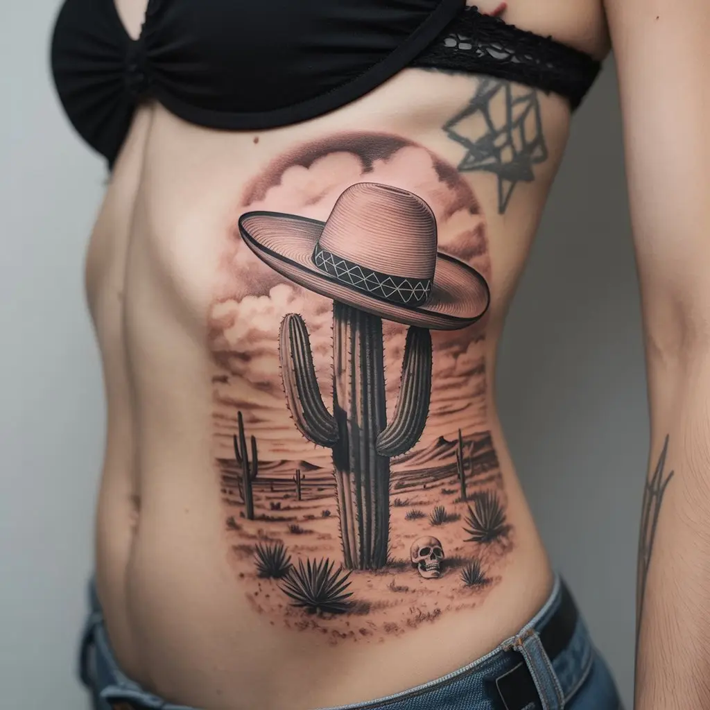 Whimsical sombrero and cactus tattoo on a woman’s ribcage with desert scenery — minimalistic yet meaningful Mexican tattoo design.