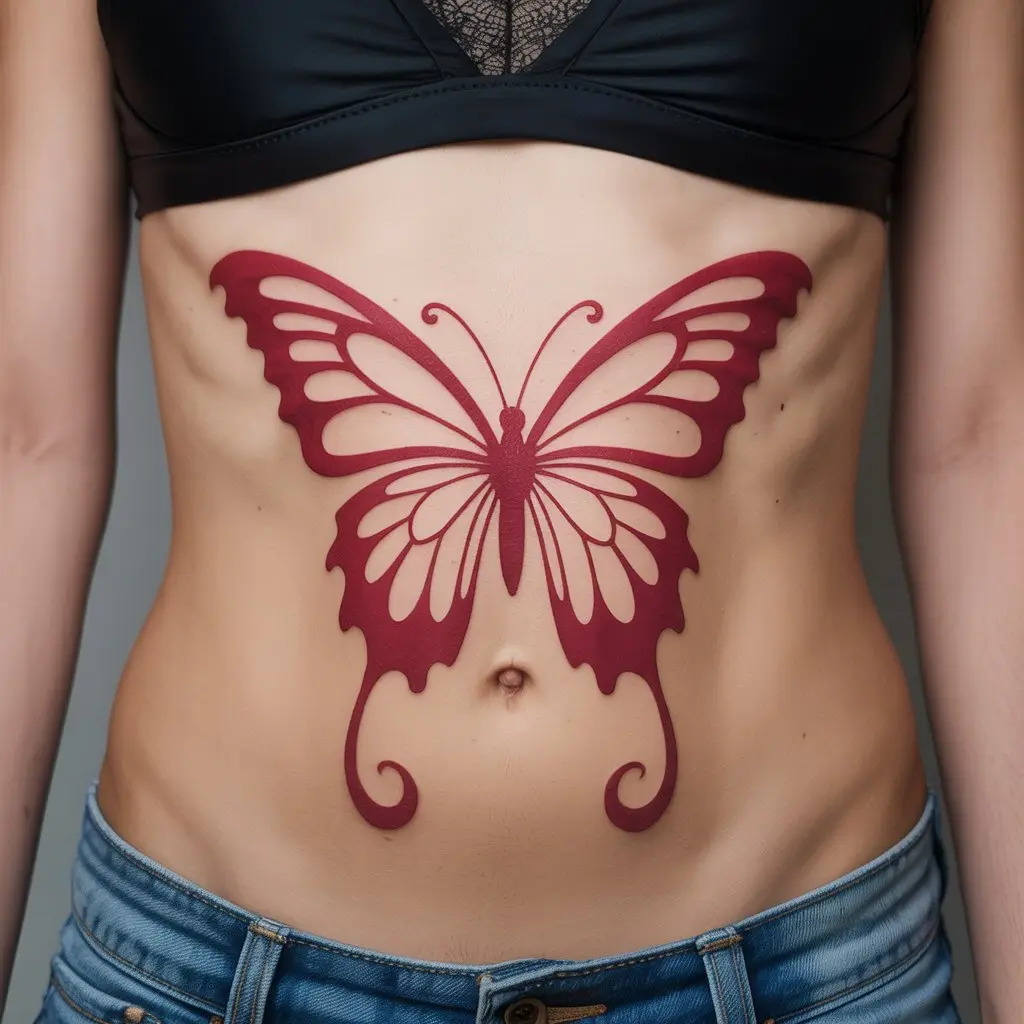 Stylized red butterfly tattoo on the stomach with artistic curves – creative red butterfly tattoo placement.

