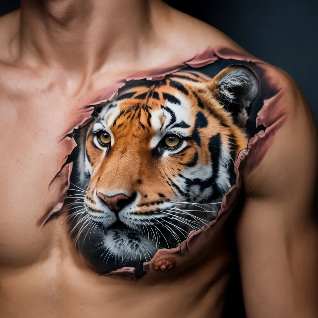 3D tiger tattoo design showing a realistic tiger face tearing through the skin, inked on the chest and shoulder for dramatic impact.