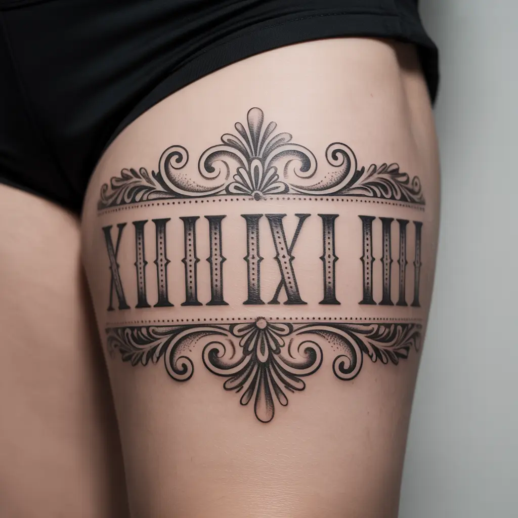 14. Vintage-Style Roman Numerals With Decorative Elements
Alt Text:
Vintage-style Roman numeral tattoo with scrolls and flourishes on a woman’s thigh, in elegant black and grey — a timeless piece among ornamental Roman numeral tattoos.