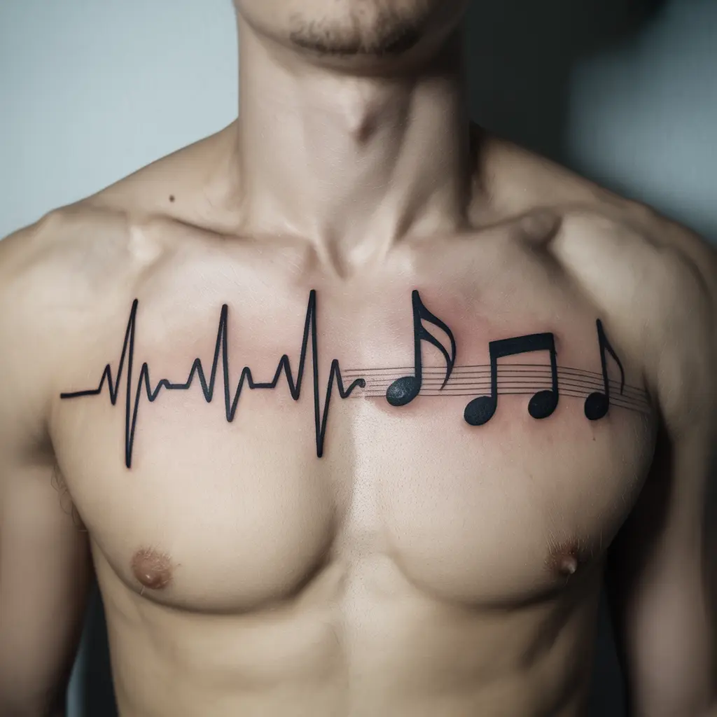 Small tattoos for men – heartbeat line turning into music notes tattoo on chest, symbolic musical ink

