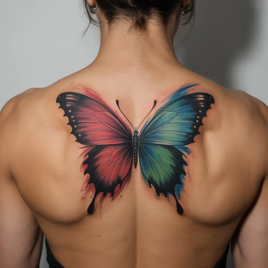 Abstract Butterfly Tattoo on Upper Back – Abstract butterfly tattoos for women on the upper back, creative brushstroke design with bold colors.

