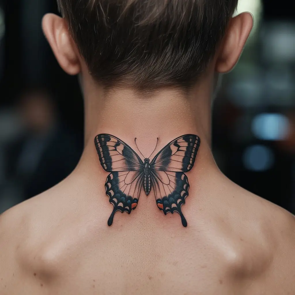 Butterfly Neck Tattoo
Realistic butterfly neck tattoo for men, inked in black and grey on the back of the neck — symbolizing transformation with masculine energy.