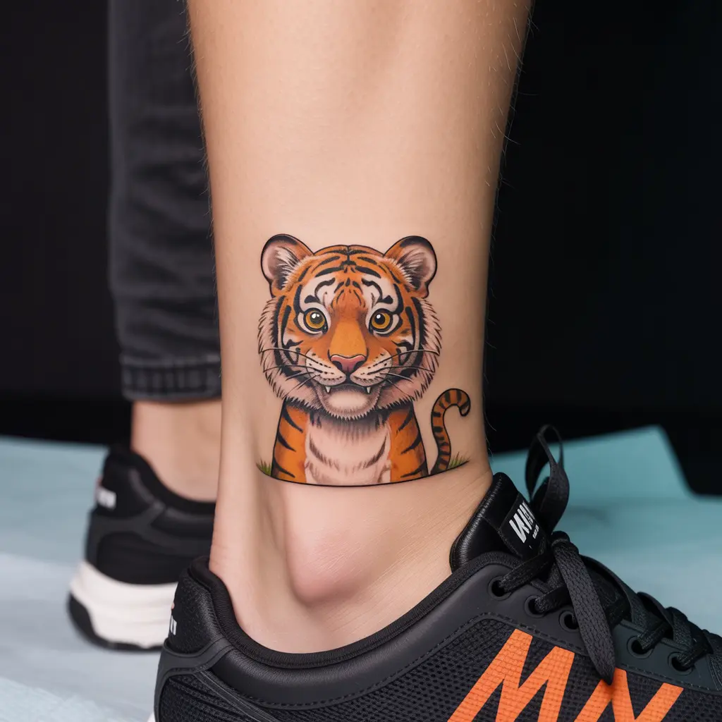 Cartoon tiger tattoo design with playful, semi-realistic features, placed on the ankle for a fun and lighthearted vibe.