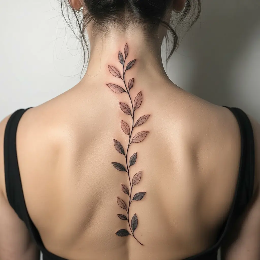 Leafy branch trail spine tattoo for women showing detailed leaves forming a vertical nature-inspired design.


