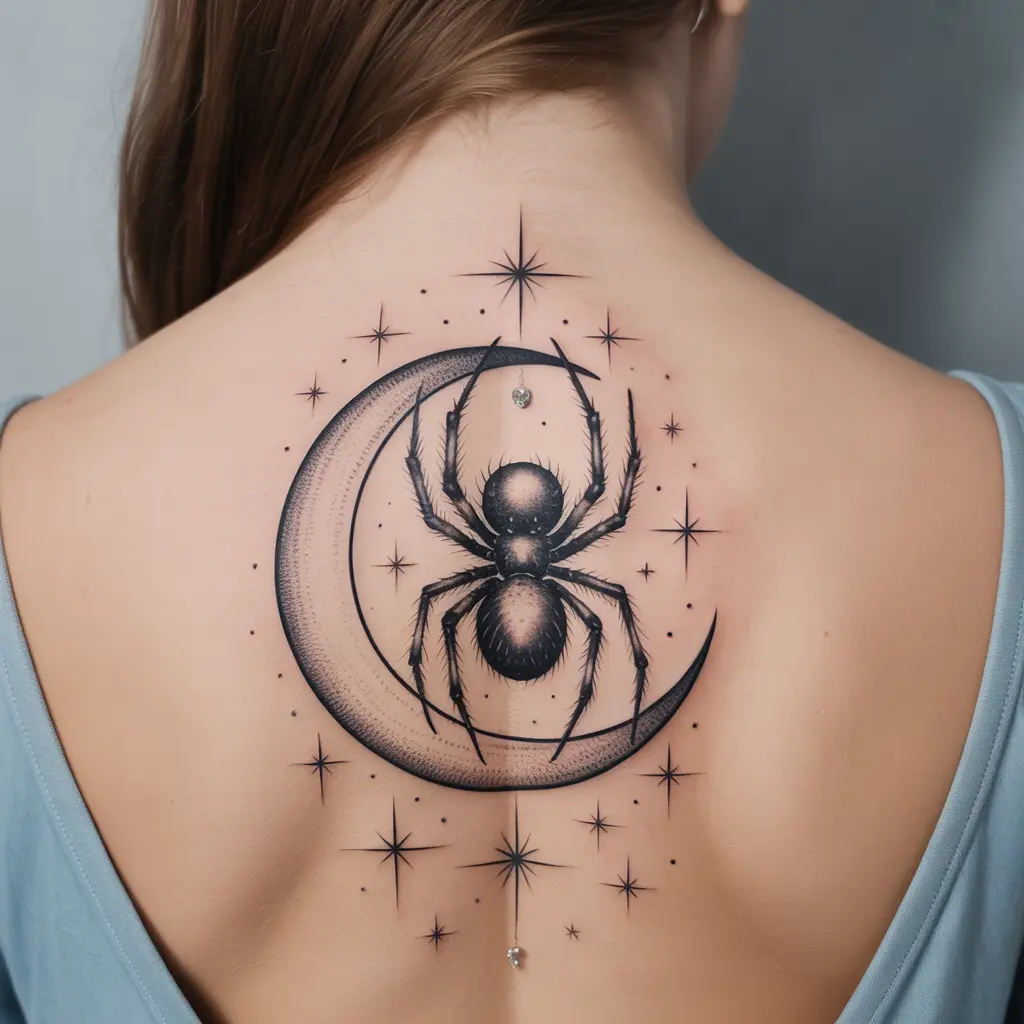 Moon spider tattoo design featuring a spider sitting on a crescent moon, mystical and cosmic Spider Tattoo Design for the back.