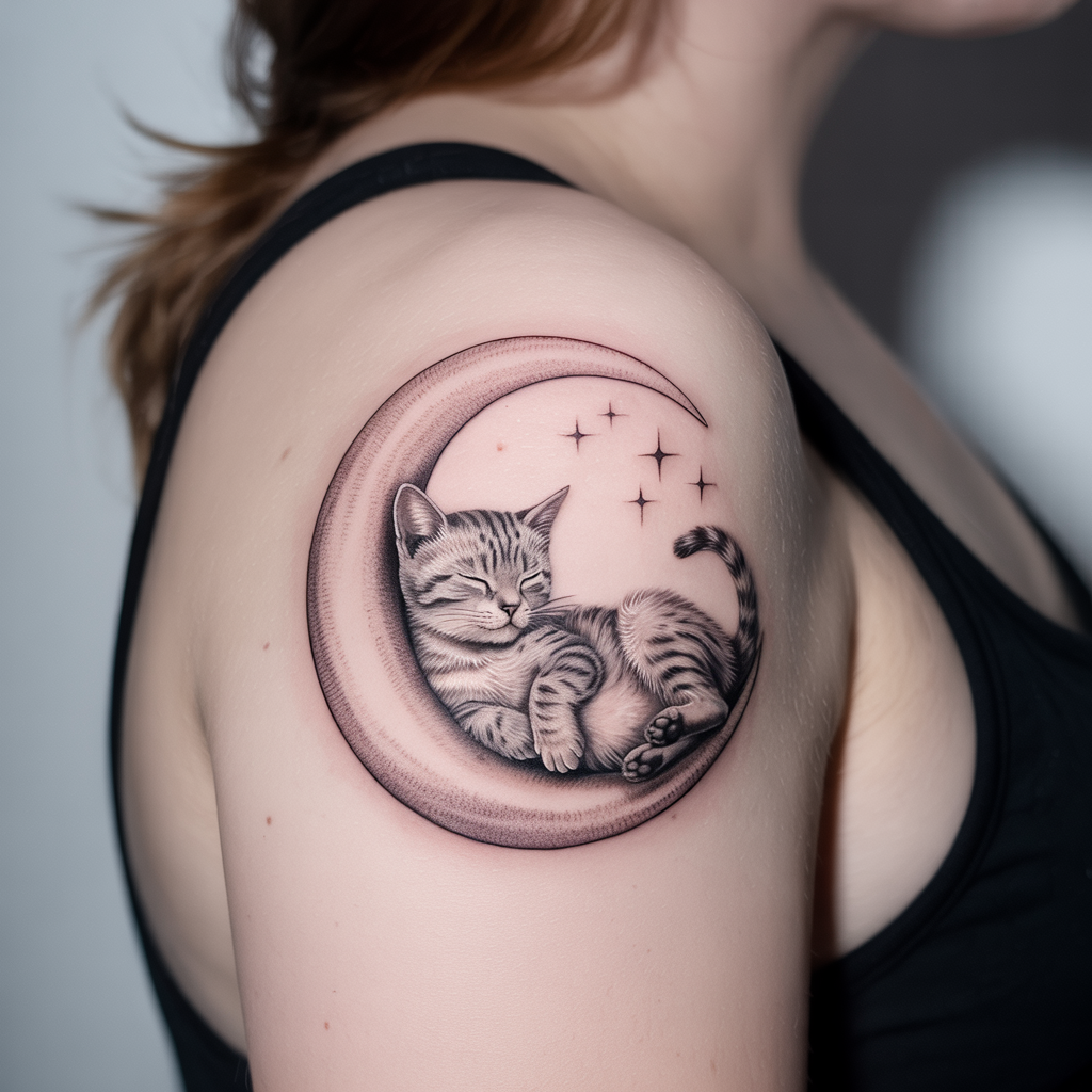 Sleeping Cat Curled Into a Crescent Moon Dreamy tattoo of a sleeping cat curled into a crescent moon, blending cat tattoos with celestial symbols for peaceful body art.