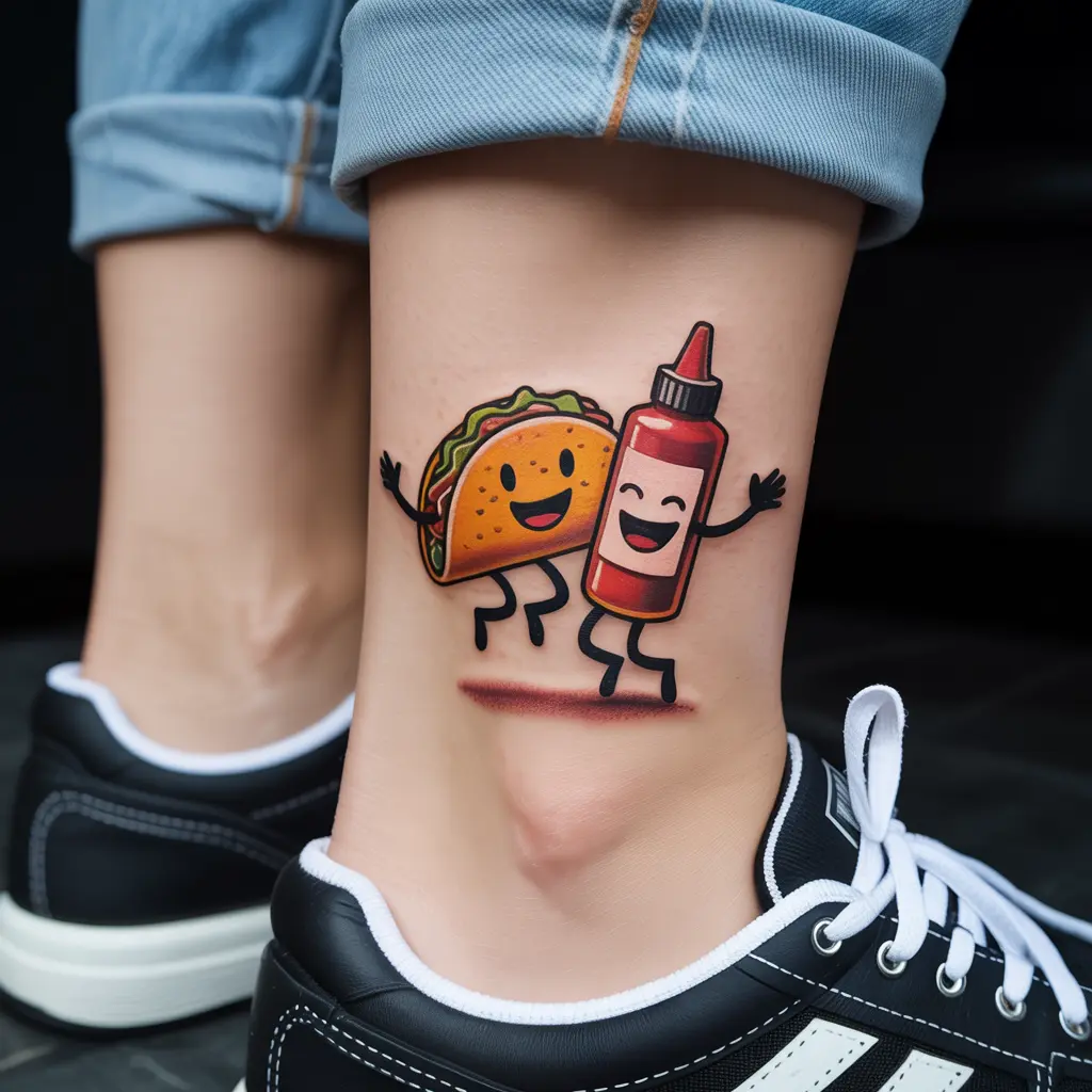 Cute taco and hot sauce ankle tattoo in cartoon style — quirky and colorful Mexican tattoos with a modern twist.