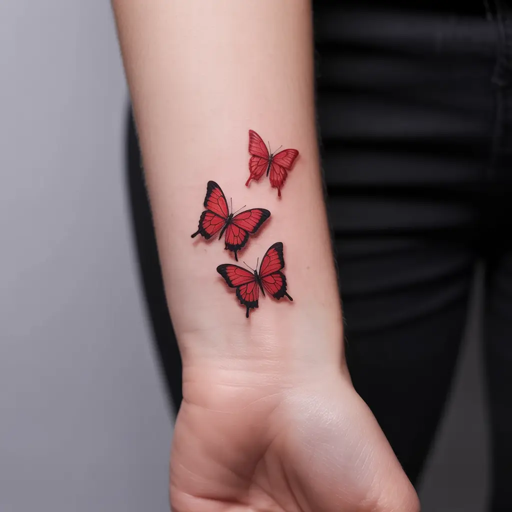 Two red butterfly tattoos on wrist – matching or mirrored red butterfly tattoo for subtle feminine style.


