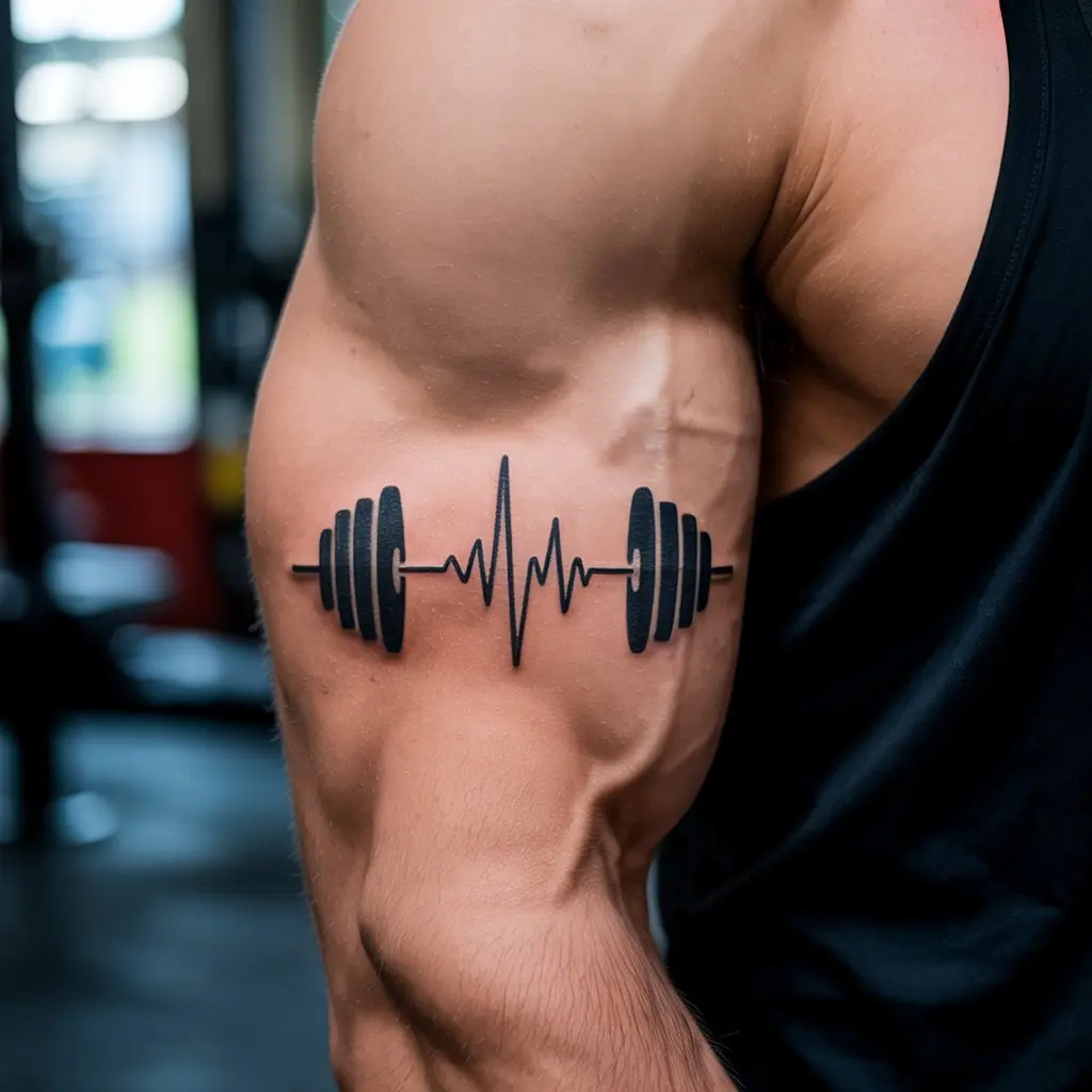 Small tattoos for men – barbell and heartbeat tattoo on bicep, perfect for fitness lovers and gym goers


