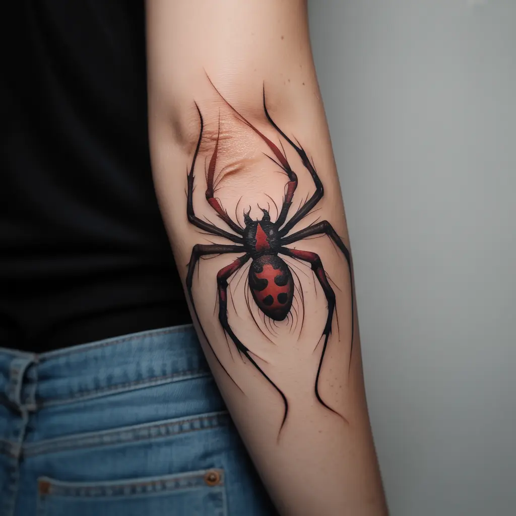 Abstract spider tattoo design on the forearm with flowing lines and surreal elements, unique modern Spider Tattoo Design.