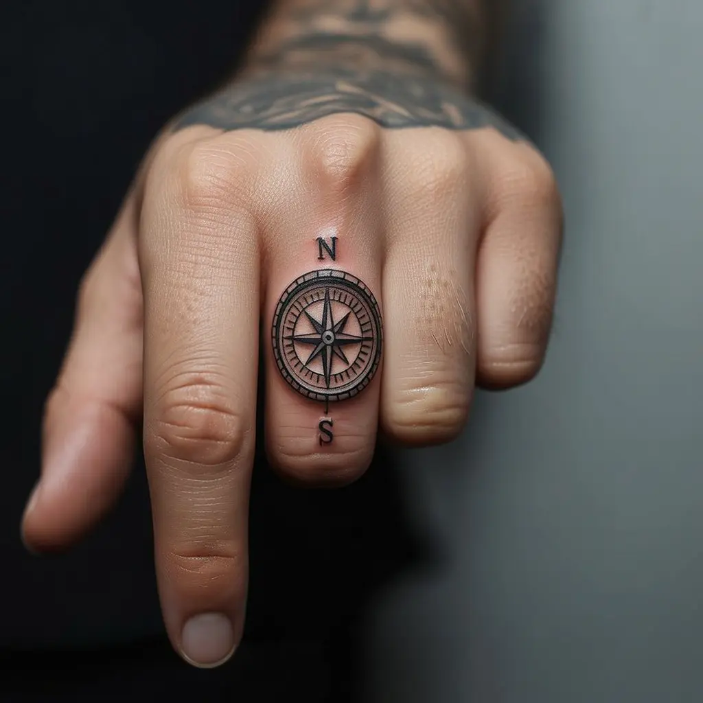 Compass Finger Tattoo – Small compass design on a man’s finger, detailed navigation-inspired finger tattoos for men.

