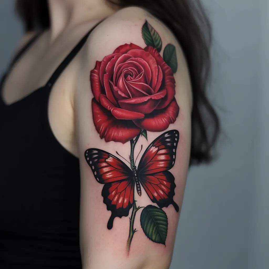 Dramatic red butterfly and rose tattoo on upper arm – vibrant red butterfly tattoo with floral realism.

