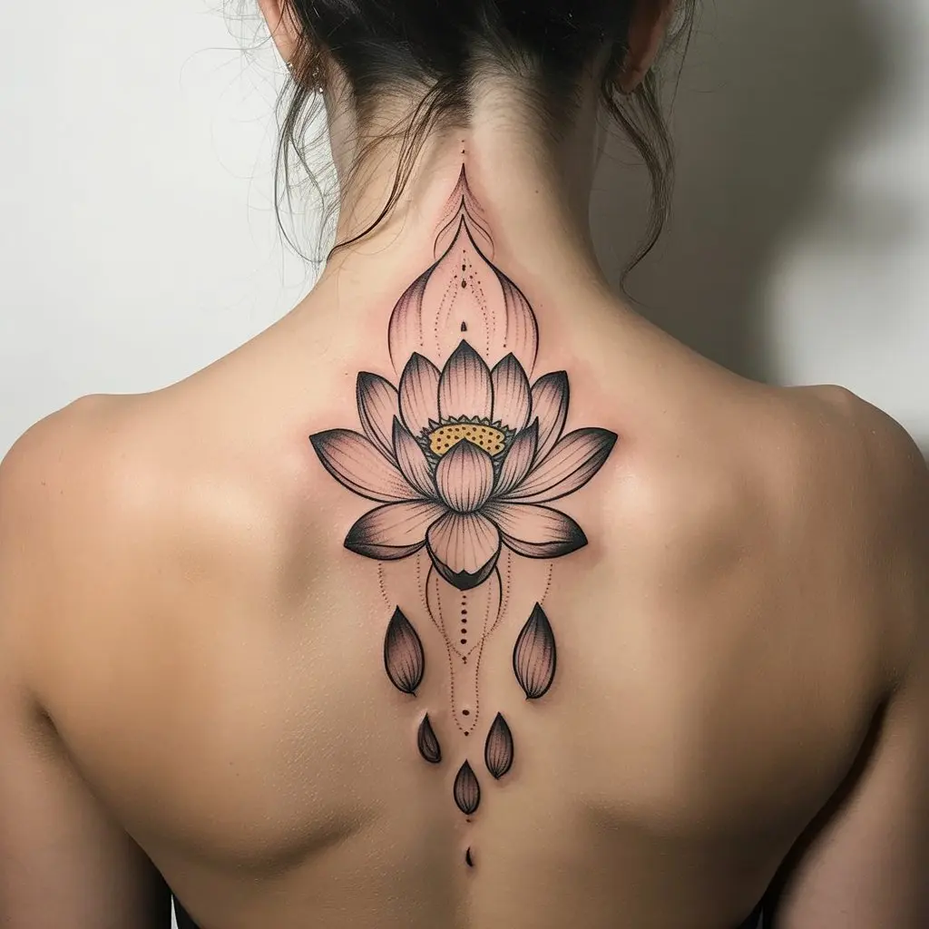 Lotus bloom spine tattoo for women with a mandala-style lotus flower centered at the upper spine.

