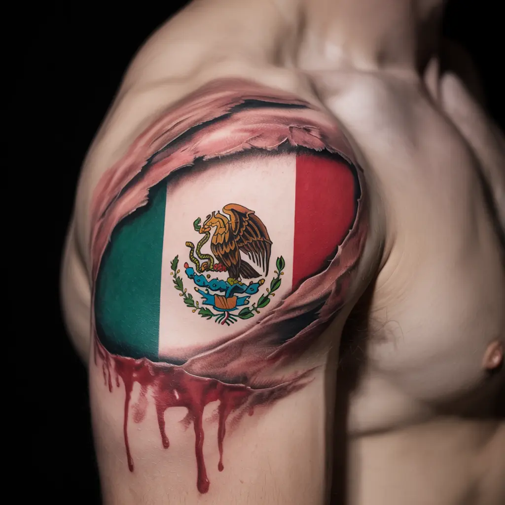 Hyper-realistic tattoo of torn skin revealing the Mexican flag underneath on a man’s shoulder — powerful patriotic Mexican tattoo style.