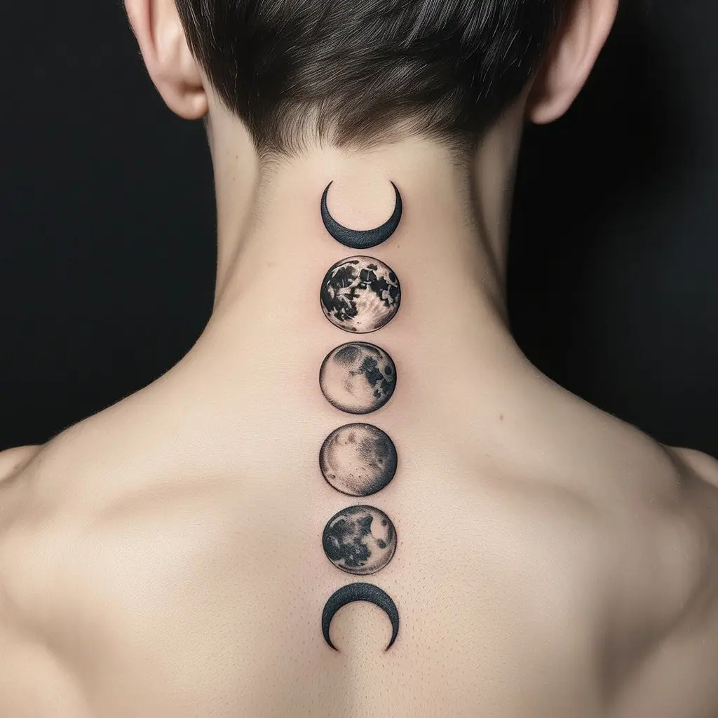 Moon Phases Neck Tattoo
Moon phases neck tattoo for men, vertically aligned down the back of the neck in black and grey — spiritual and detailed design.

