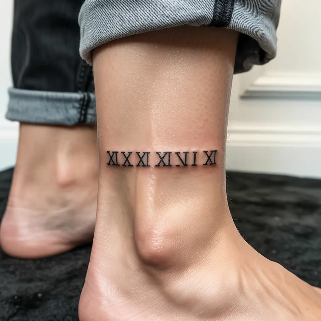 16. Roman Numeral Date Tattoo
Alt Text:
Simple Roman numeral date tattoo on a woman’s ankle in minimalist black ink — perfect for commemorating special dates with small Roman numeral tattoos.

