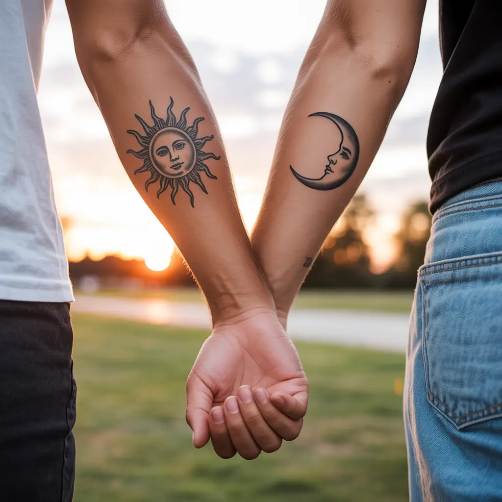 Artistic sun and moon matching tattoos for best friends representing harmony and balance.

