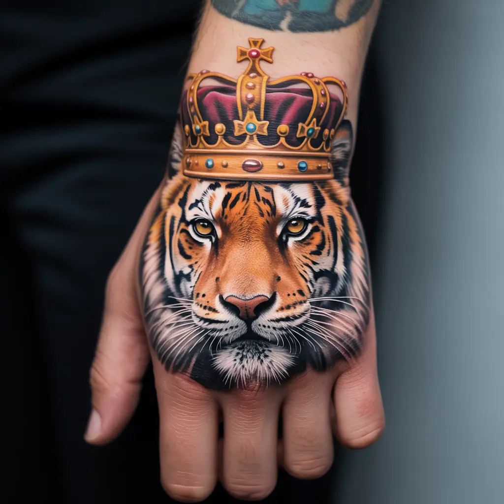 Royal tiger tattoo design featuring a crowned tiger head inked on the hand, combining regal symbolism with realistic detail.