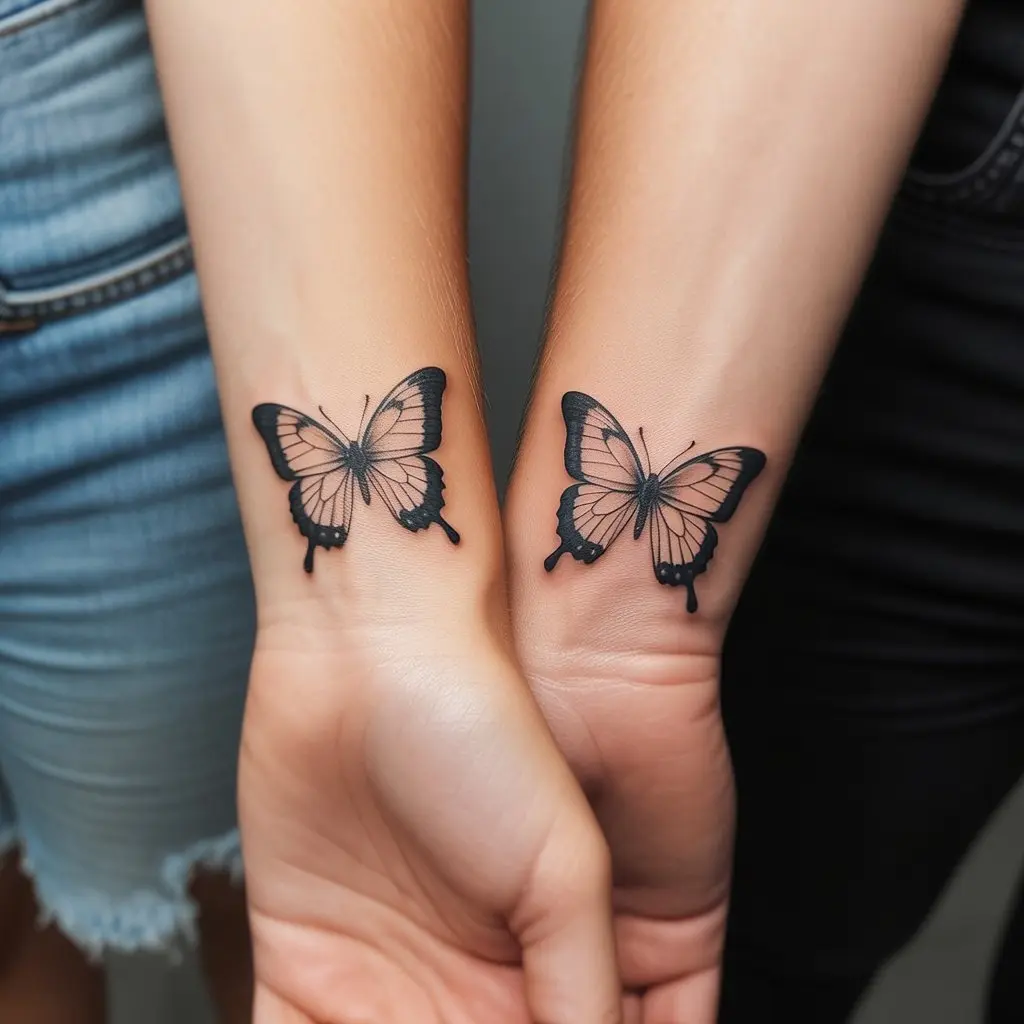 Two Matching Butterflies for Sisters on Wrist – Matching butterfly tattoos for women on the wrist, perfect for sisters or close friends.

