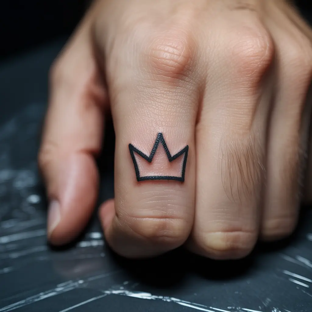 Small tattoos for men – tiny crown outline tattoo on index finger, simple yet royal minimalist ink

