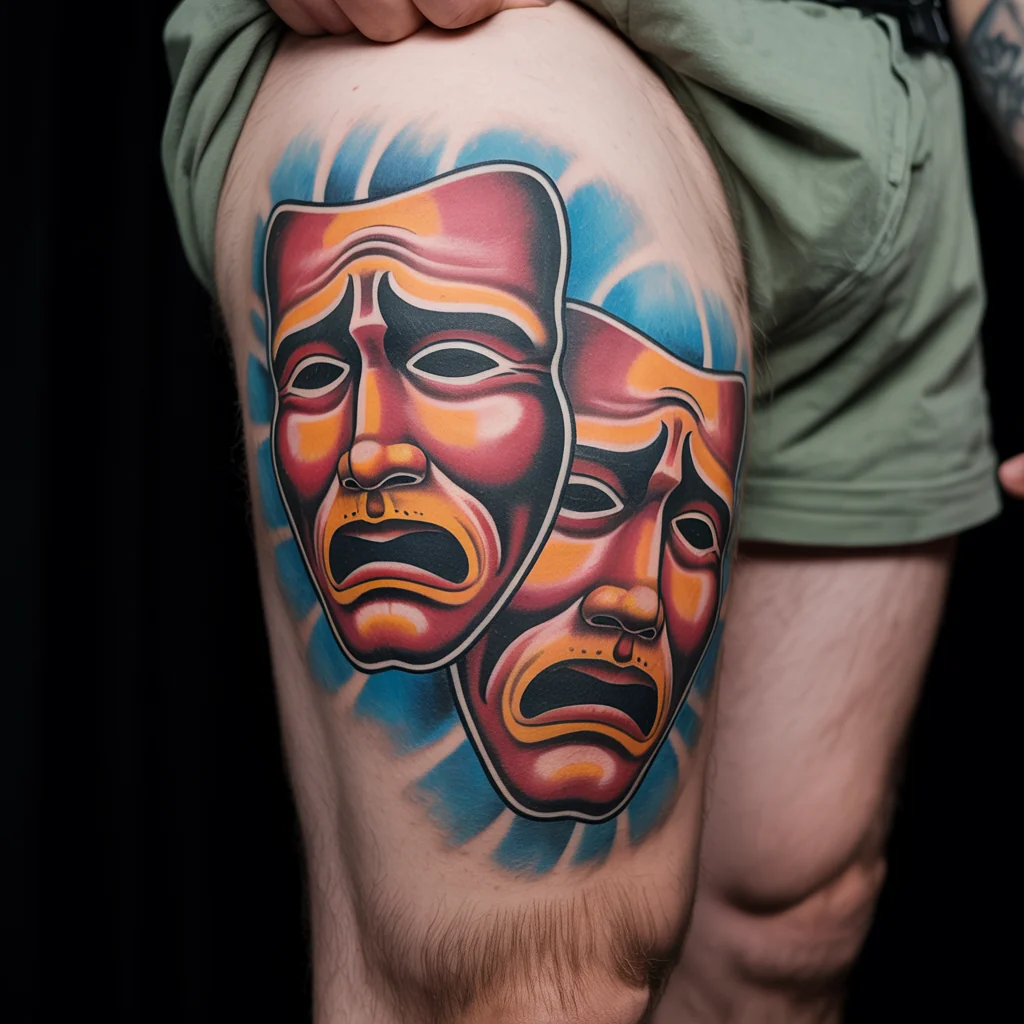 17. Vibrant Theater Mask Tattoo