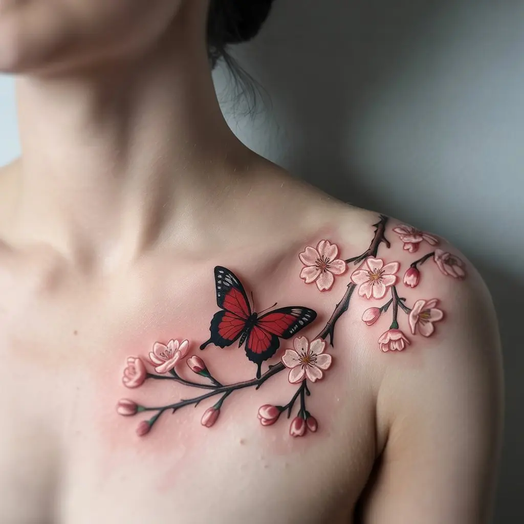 Cherry blossom and red butterfly tattoo on collarbone – delicate red butterfly tattoo with Japanese floral style.

