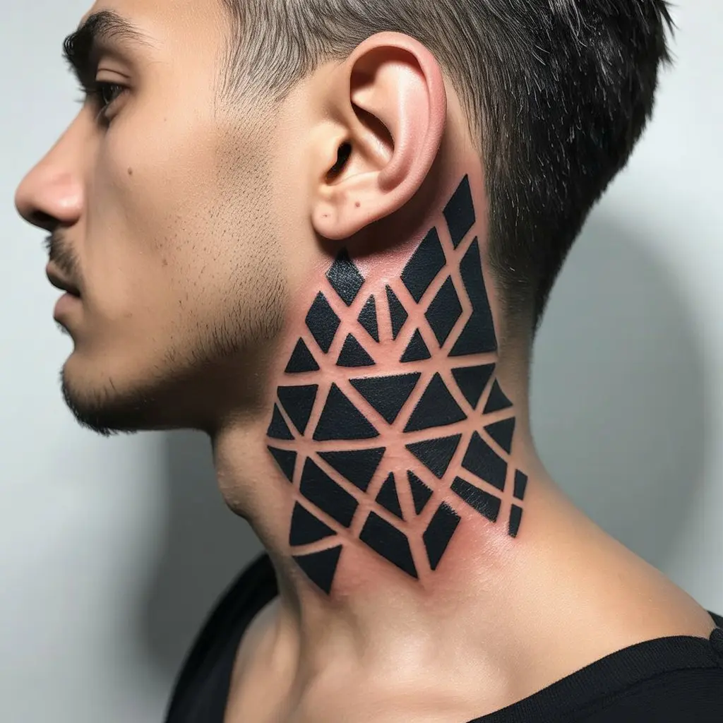Geometric Neck Tattoo
Geometric neck tattoo for men with symmetrical black linework and triangle patterns — modern, clean, and visually striking.