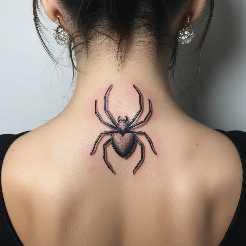 Heart spider tattoo design on the back of a woman’s neck, feminine and playful spider ink with a heart-shaped body.