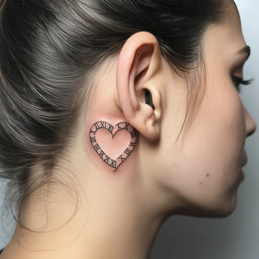 17. Roman Numeral Heart Tattoo
Alt Text:
Tiny Roman numeral tattoo shaped like a heart behind a woman’s ear, in fine black lines — a romantic and personal Roman numeral tattoo idea for women.