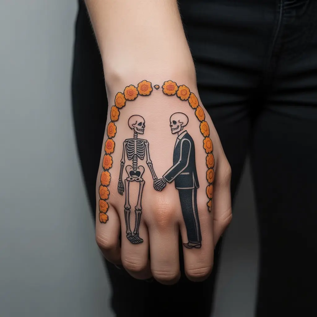 Skeleton bride and groom tattoo on a woman’s hand under a marigold arch — romantic Day of the Dead inspired Mexican tattoo.