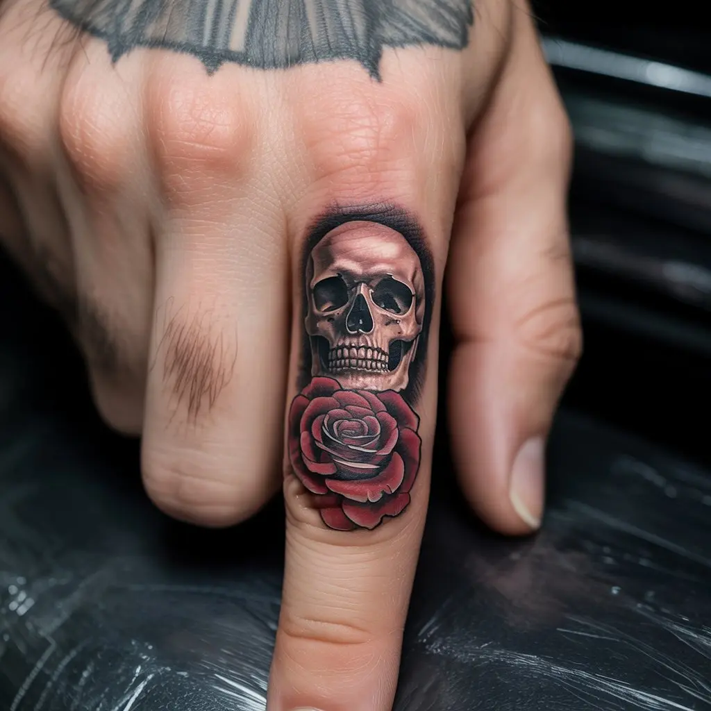 Skull and Roses Finger Tattoo – Skull with roses tattooed on a man’s finger, detailed and edgy finger tattoos for men.

