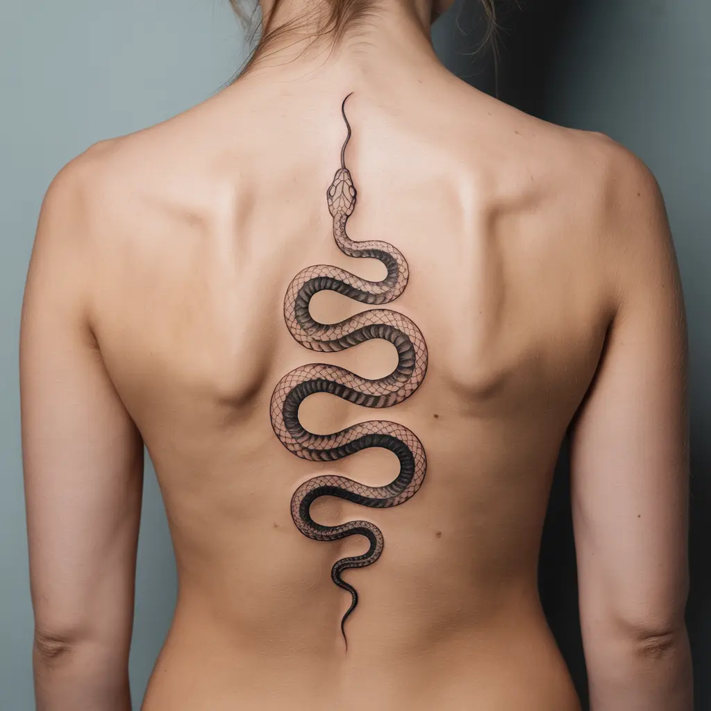 Snake spiral spine tattoo for women with a coiled serpent design wrapping naturally down the spine.

