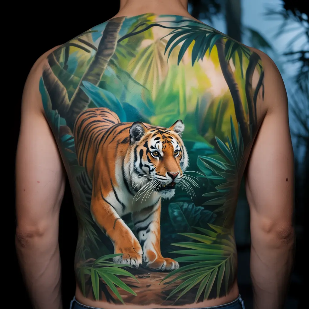  Jungle tiger tattoo design of a lifelike tiger walking through dense foliage, inked across the full back with deep environmental detail.